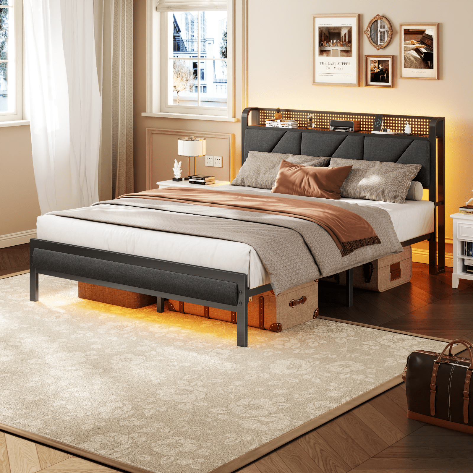Satifur Queen Bed Frame with Upholstered Storage Headboard, Metal Platform Bed Station with Charging Station & LED, Noise-Free.No Box Spring Needed