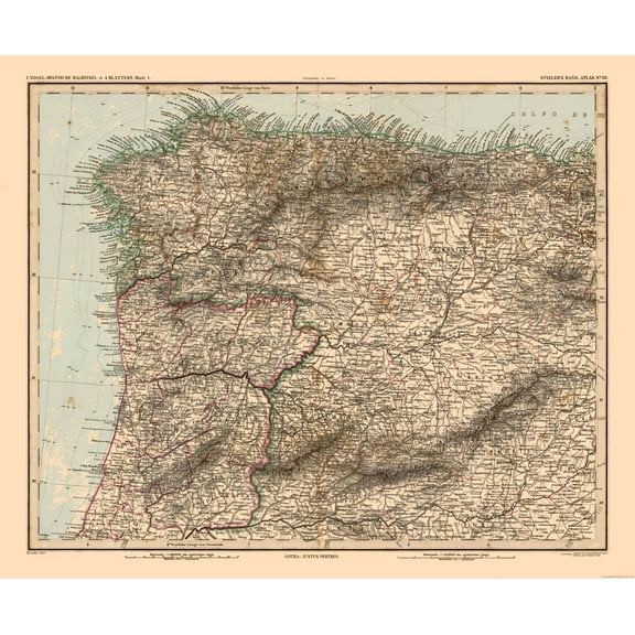 Historic Map - Spain Portugal Northwest - Stieler 1885 - Vintage Wall Art