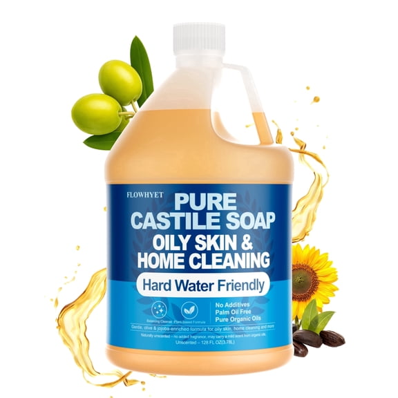 Pure Castile Soap Unscented 1 Gallon 128 fl oz Refill - Organic Body Wash for Hard Water & Oily Skin, Multi-Purpose Home Cleaner