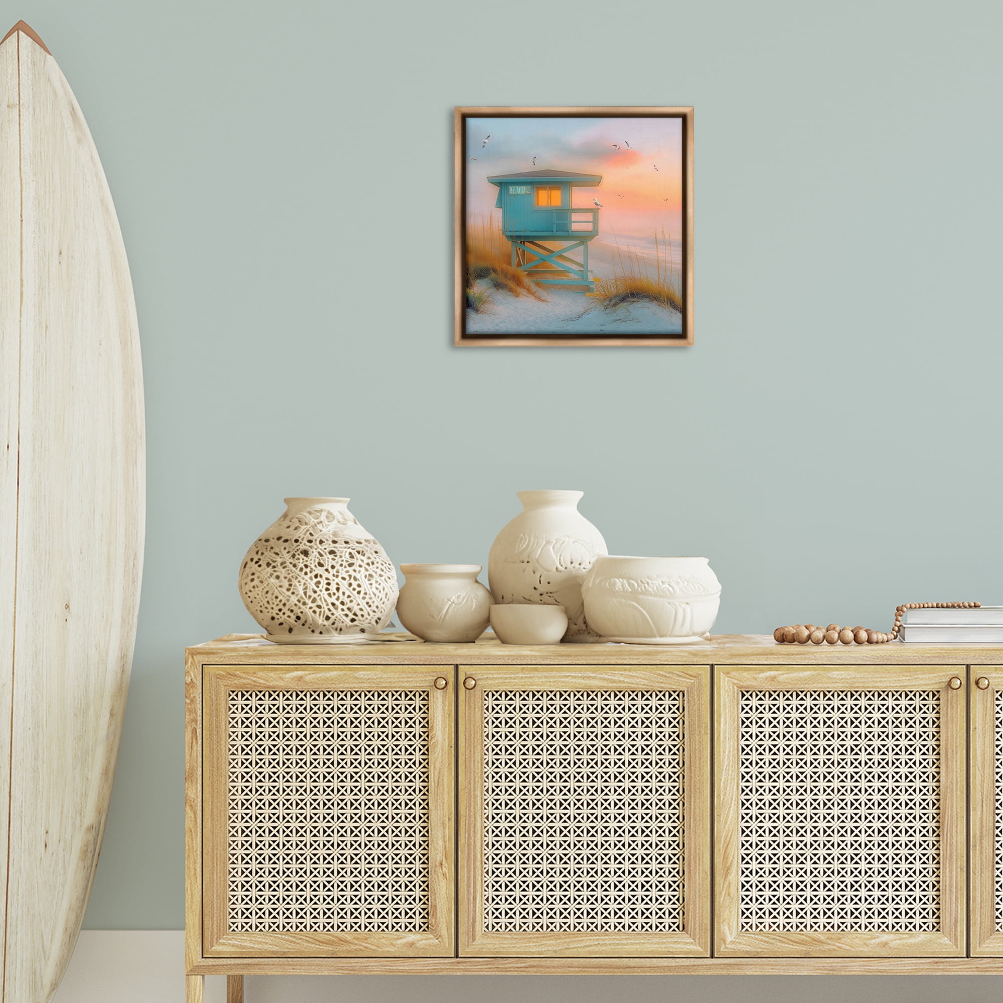 Stupell Industries Coastal Charm Beach Coastal Painting Brown Floater Framed Canvas Art Print Wall Art, 18 x 18