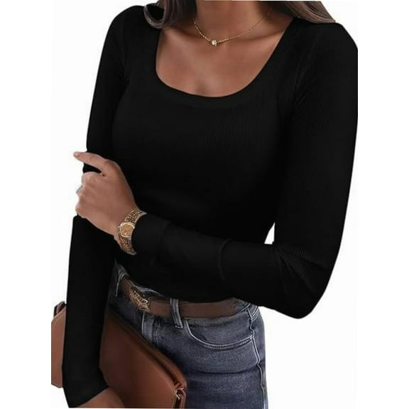 Long Sleeve Shirts for Women Fall Outfits Knit Tops Scoop Neck Slim Fit Basic Tee