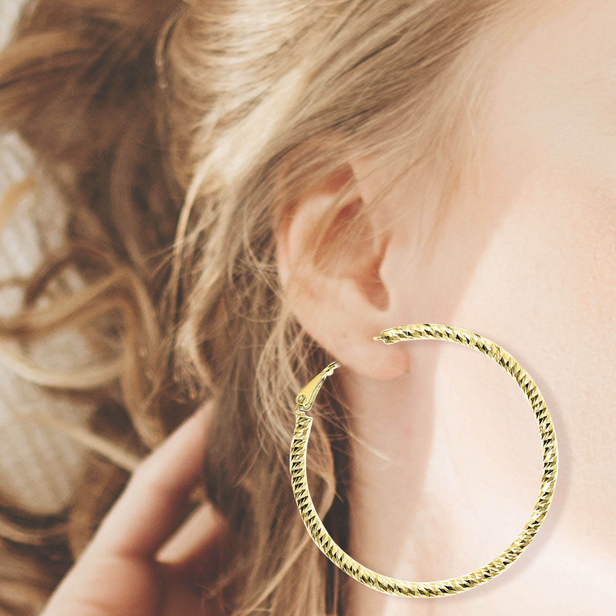 X & O Women's 14K Yellow Gold Plated 50mm Polished and Diamond Cut Hoop Earrings