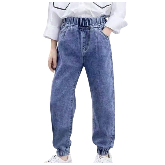 WREESH Girls' Cute Print Full Length Denim Pants with Elastic Waist, Spring/Summer Comfy Jeans, Sizes 100-160, for Ages 3-14 Blue