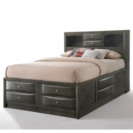 Bowery Hill Transitional Design Queen Size Bed with Storage, Headboard Bookcase in Gray Oak