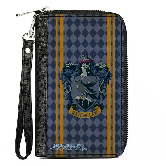 The Wizarding World of Harry Potter Wallet, Zip Around, Ravenclaw Crest Stripes Diamonds Blues Gold, Vegan Leather