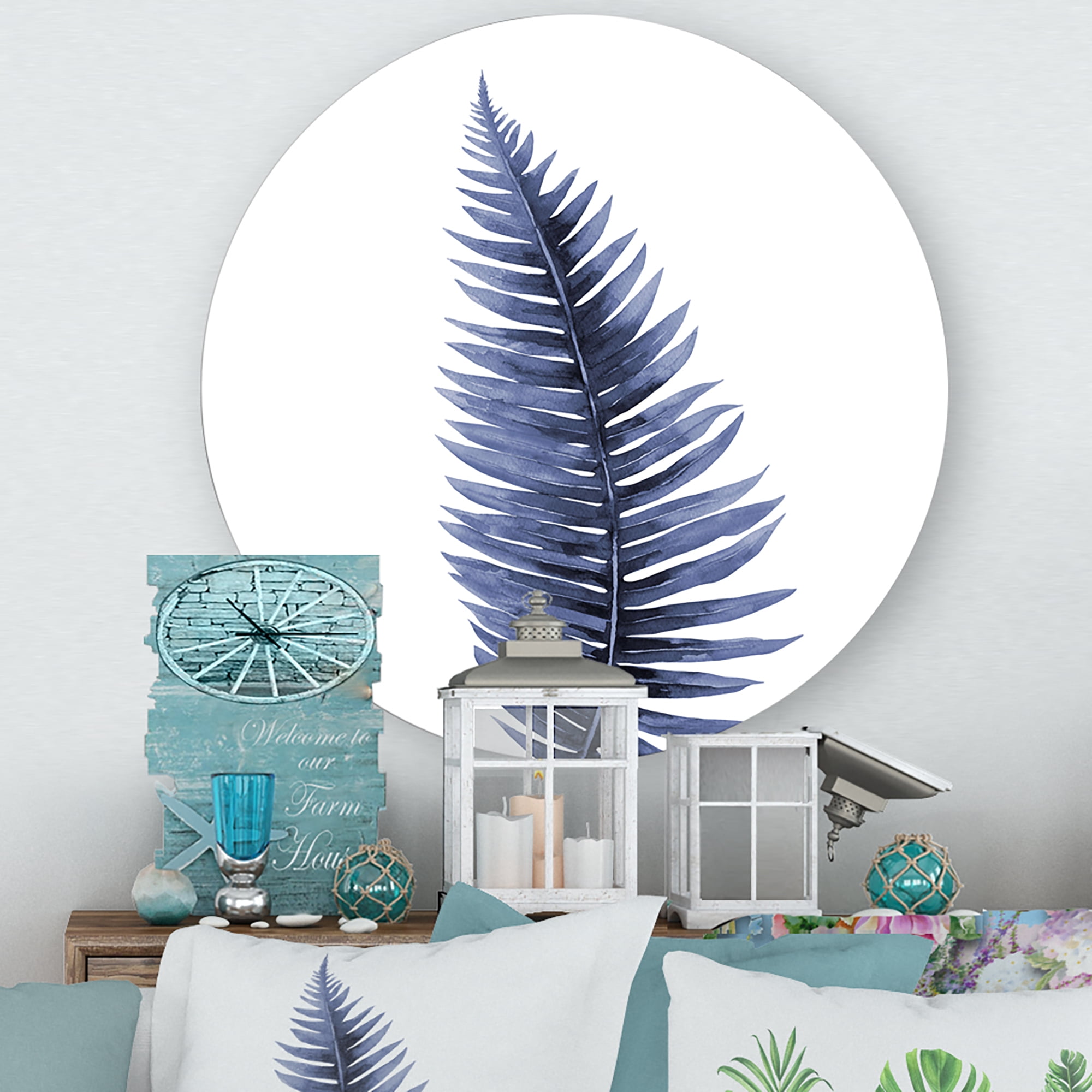 Designart 'Tropical Blue Watercolour Leaves On White' Bohemian & Eclectic Circle Metal Wall Art 23x23 - Disc of 23
