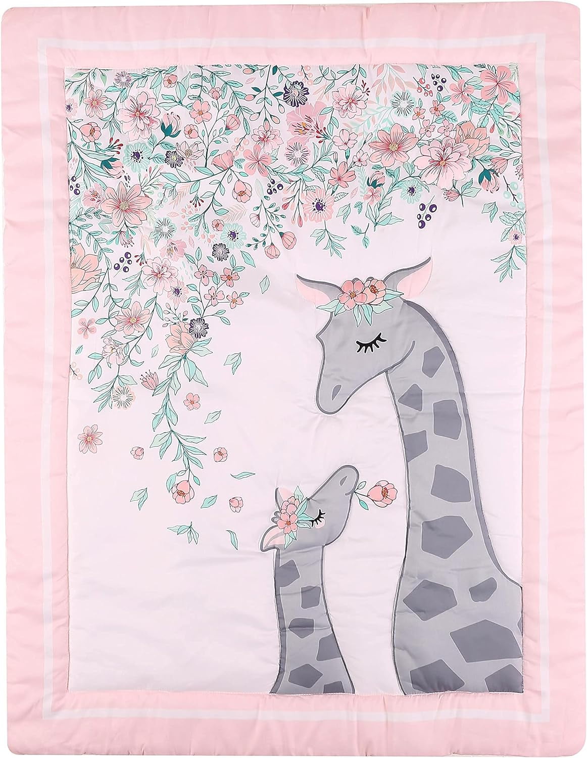 Sweet Baba 4 PC Crib Bedding Set for Girls, Pink Nursery Crib Bedding Set , Giraffe Crib Set Including Crib Skirt, Crib Quilt, Crib Sheet and Diaper Stacker