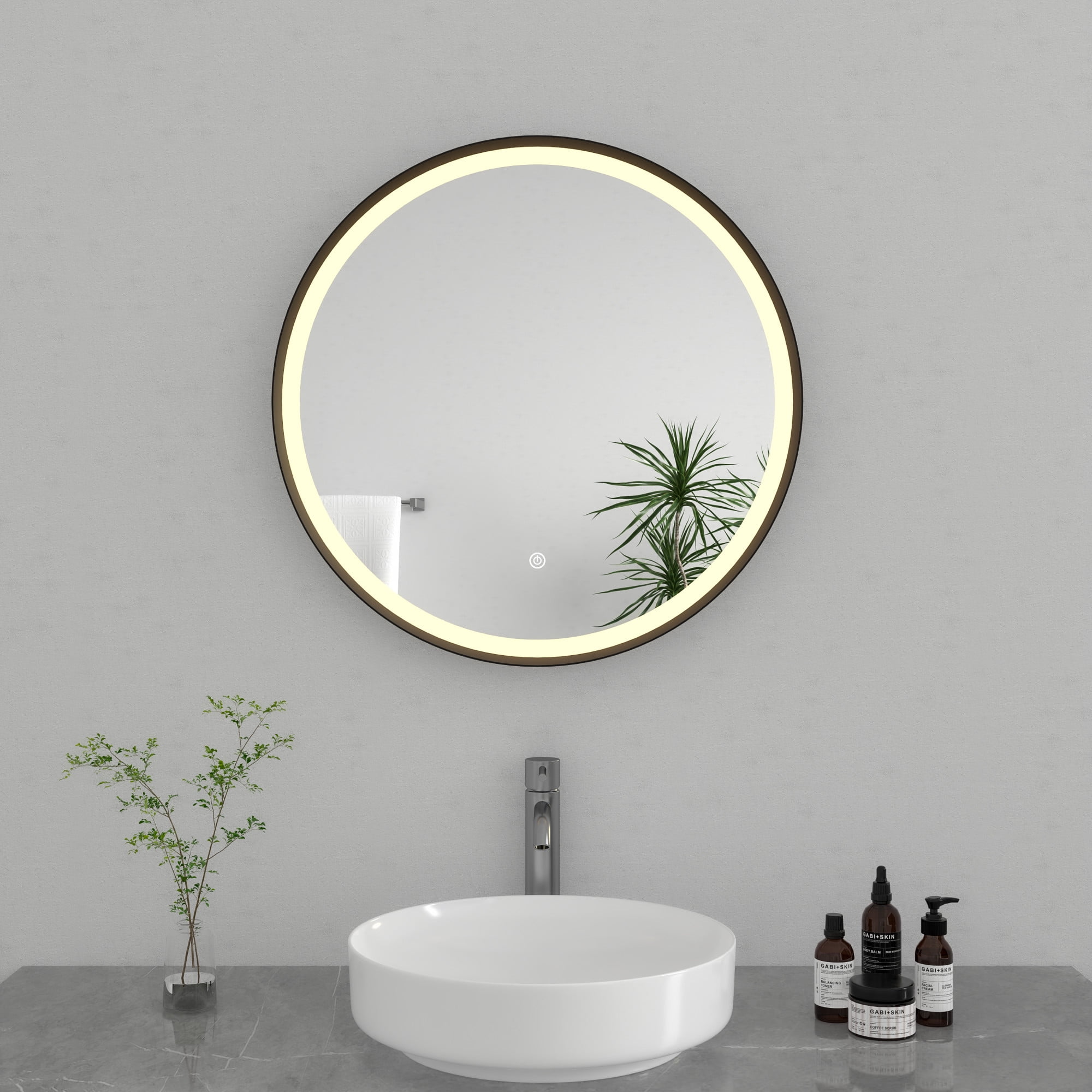Kingston Brass MR1032424 Aurora 24-Inch Round LED Bathroom Mirror, Front Light, Anti-Fog, Dimmable Touch Sensor Lighted Mirror in Silver/Nickel