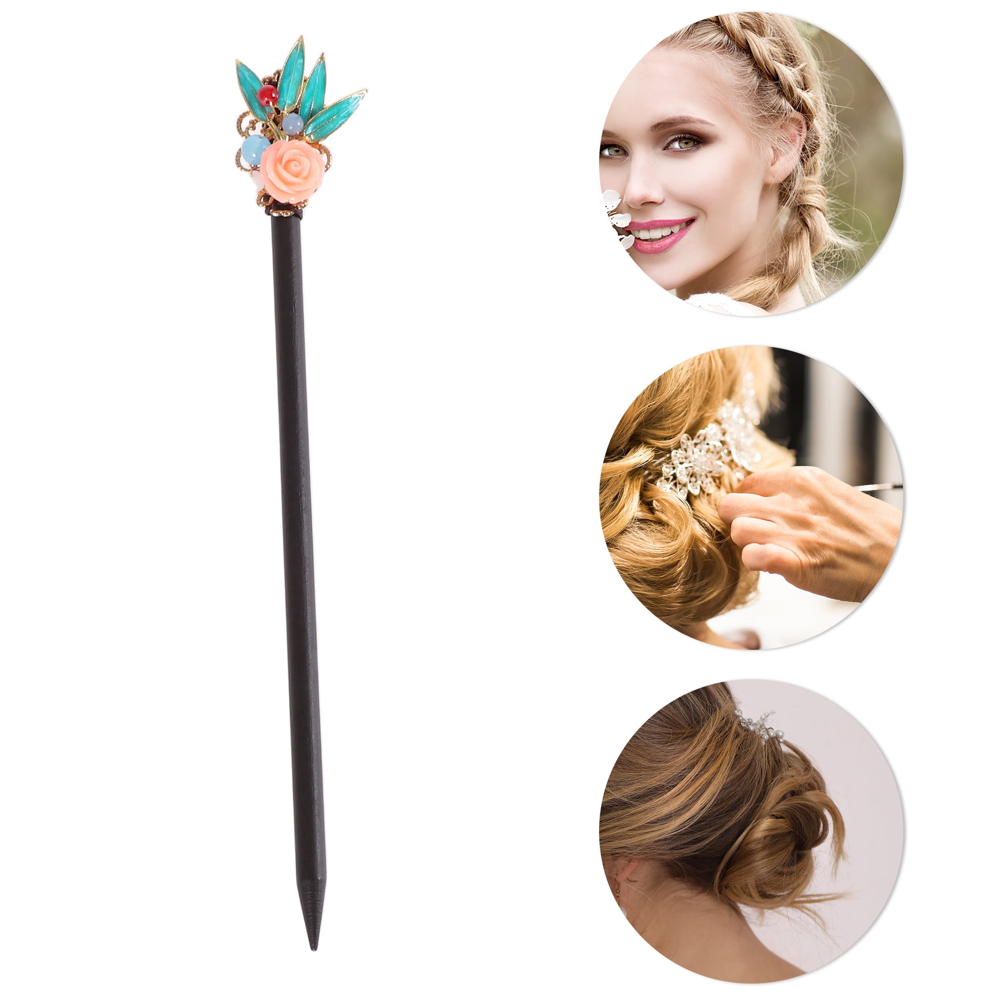 Unique Bargains Hair Chopstick 1 Pc Black, Pink, Blue [Leaves Rose]