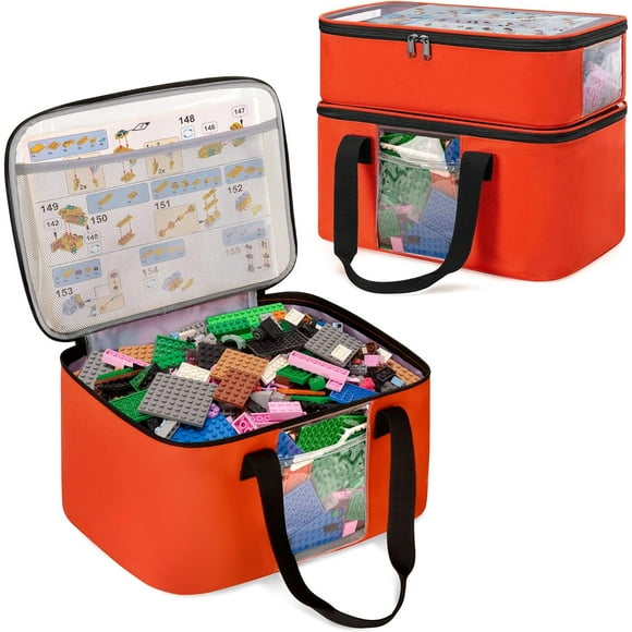 TRAHOO-2 Pcs Large Toy Storage Organizer Bag Compatible with Lego Bricks, Toy Travel Bags for Building Blocks, Magnetic Building Tiles, Toy Cars, Dolls, Board Game Storage with Visible Top, Orange