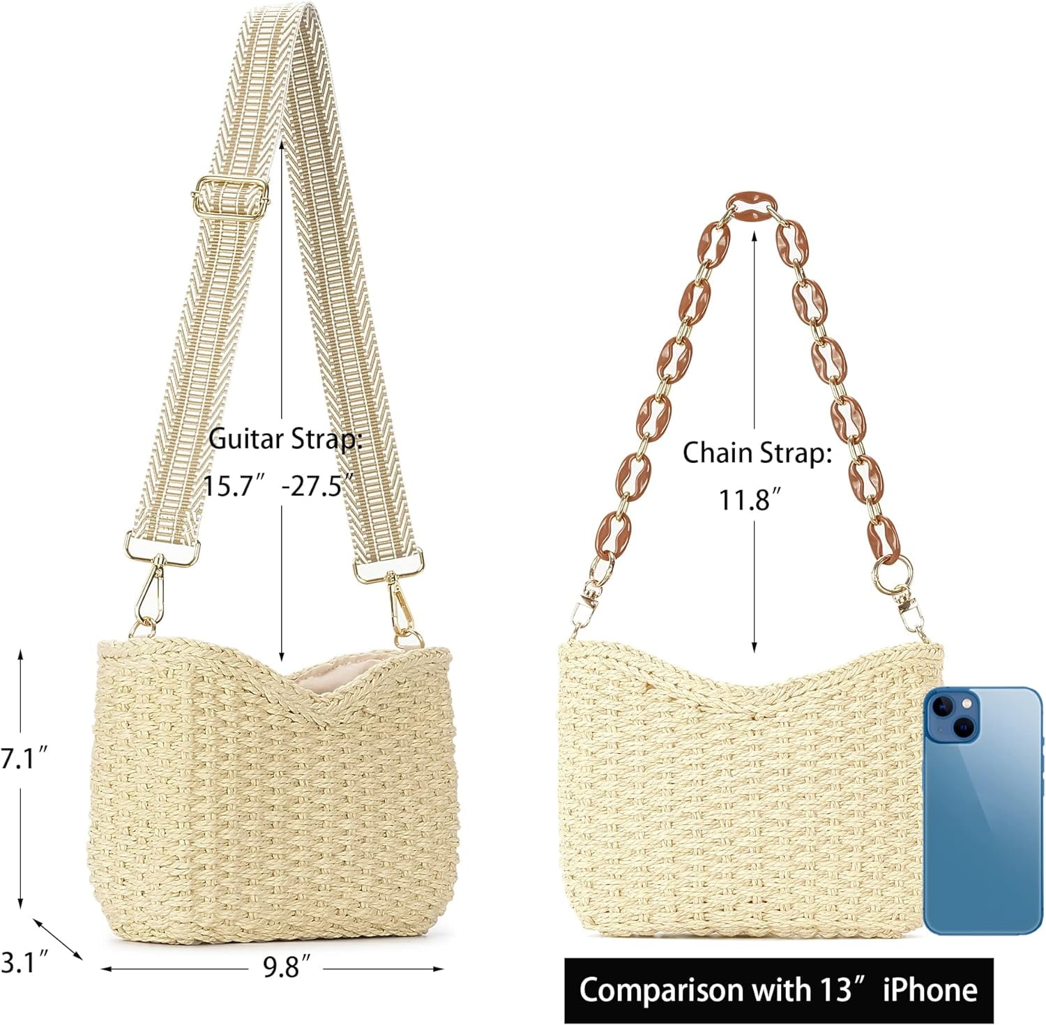 Small Handmade Straw Pocketbook Crossbody Bag for Women, Summer Chic Woven Handbag Shoulder Purse with Chain