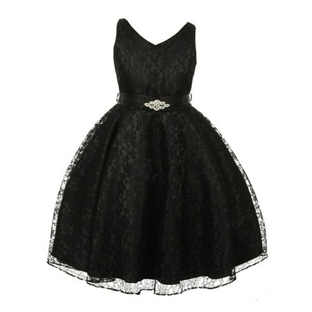 Brooches For Dresses - Good Girl Little Girls Black Lace Brooch Attached Junior Bridesmaid Dress