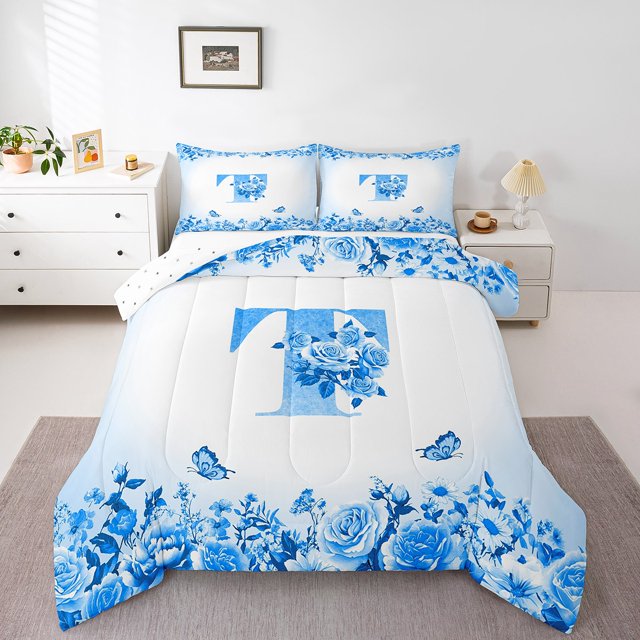 Erosebridal Floral Initial Comforter Sets Queen Size,Flower Butterfly Bedding Queen Comforter Set,Teens Bedroom Decor,Reversible,Ultra Soft,3-Piece