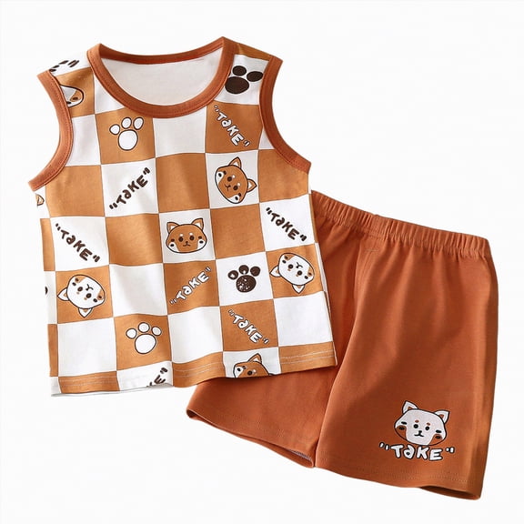 TOWED22 2pcs Toddler Baby Boy Summer Outfits Sleeveless Tank Tee Print Shorts Soft Cotton Clothing Set(Coffee,2-3 Y)
