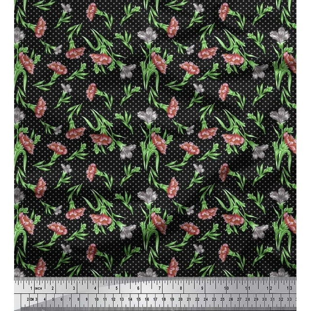 Soimoi Poly Georgette Fabric Dot,Leaves & White Flower Floral Print Fabric by the Yard 52 Inch Wide