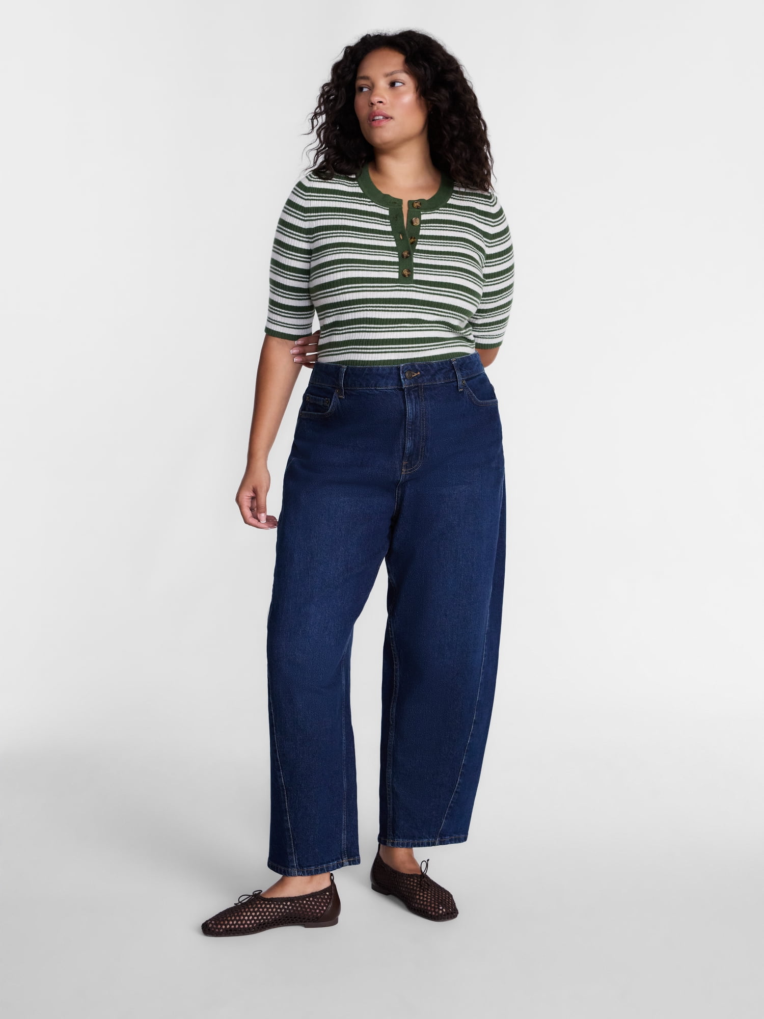 Terra & Sky Women's Plus Ribbed Henley Sweater Top with Elbow Length Sleeves, Sizes 0X-5X