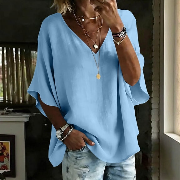 MORESEC Women's V Neck T-Shirt Cotton Linen Short Sleeve Flowy Casual Blouse Top Solid Basic Tee For Party Outfit And Daily Wear, Sky Blue XL
