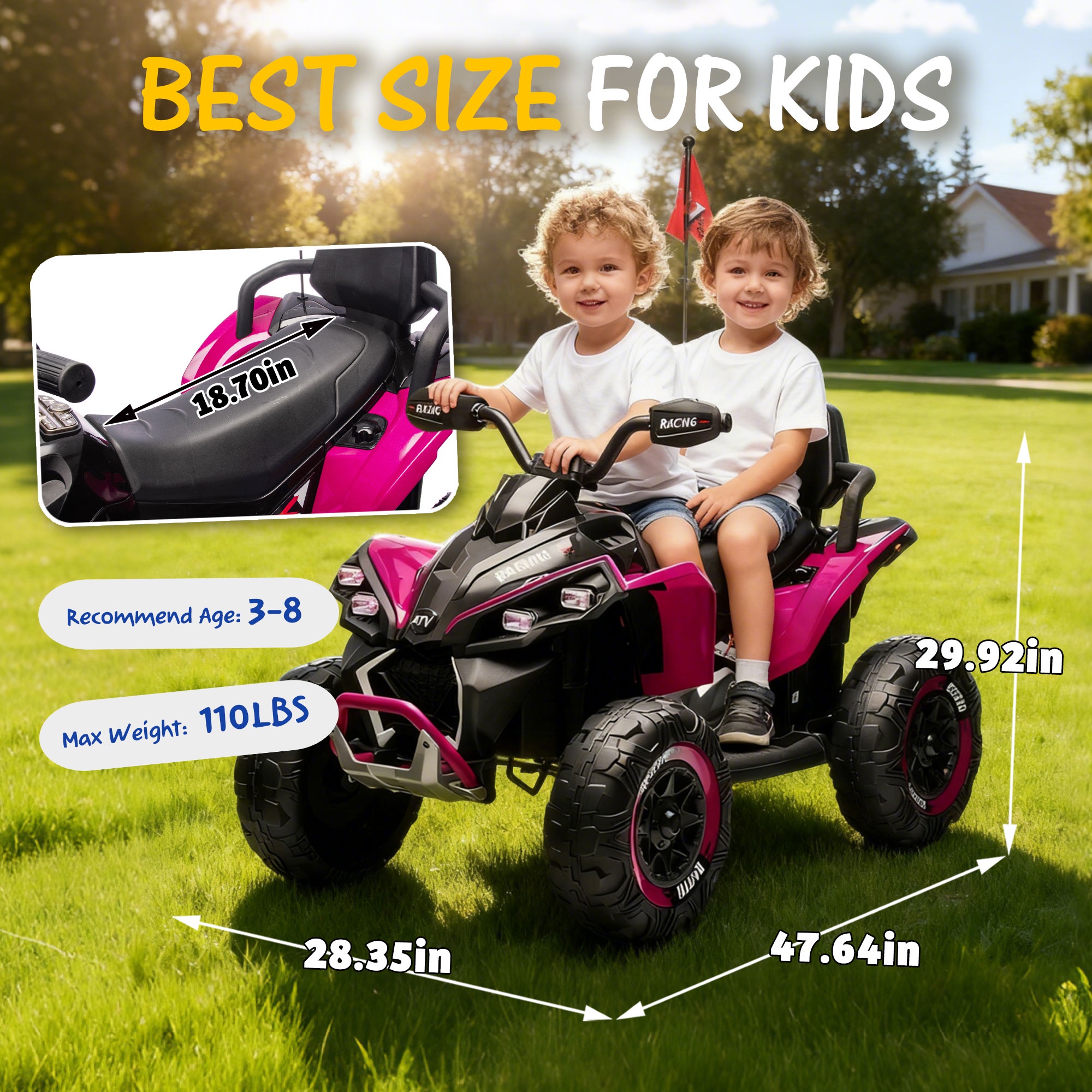 iRerts 24V Ride on ATV with Remote Control, Powered Ride on Toys Electric 4 Wheeler for Boys Girls Ages 3-12 Gifts, Kids Ride on Car Electric Vehicle with Pinktooth, Music, USB Port, LED Light, Pink