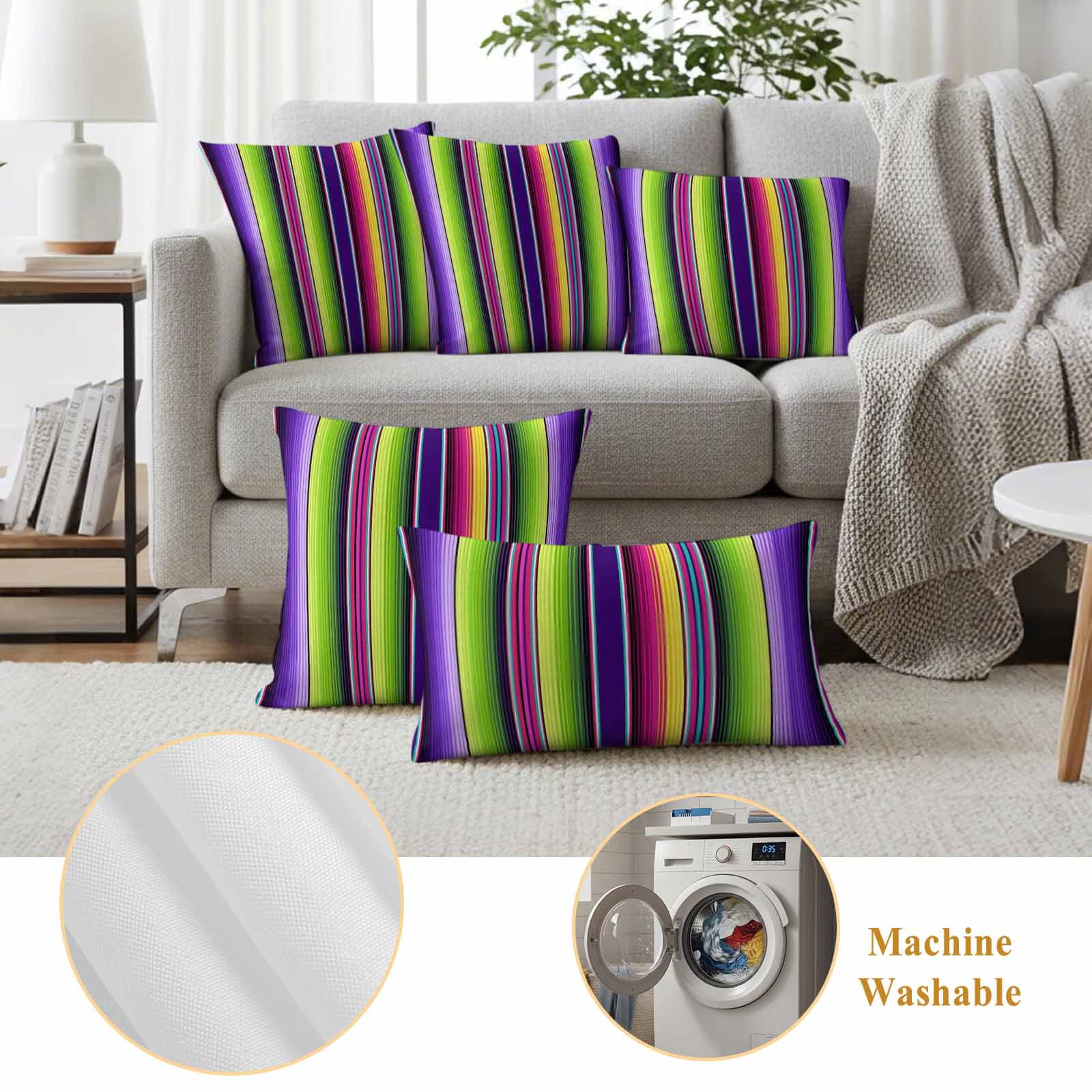 Mexican Style Outdoor Waterproof Throw Pillow Covers 20x20 Set of 2, Colorful Mexico Stripes Purple Green Decorative Pillowcases Cushion Pillowcase for Couch Sofa Patio Outside Pillow Protector