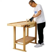 55 Solid Wood Workbench with 1 Drawer and Lower Shelf, Multi-Function Workbench for Garage, Woodworking Carpenter Workshop