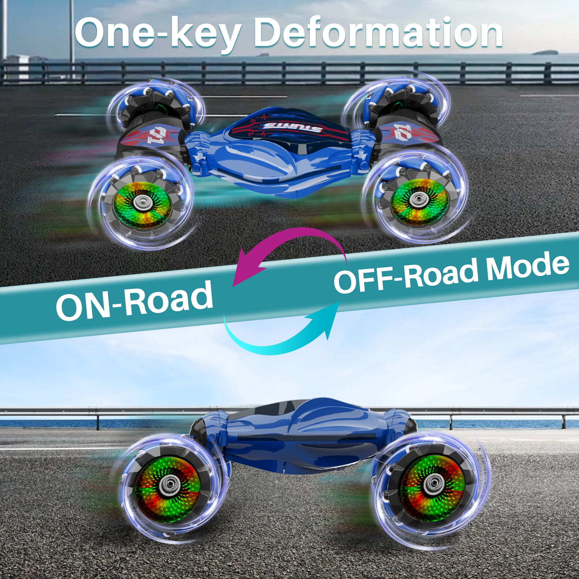 Remote Control Cars RC Stunt Car Toys for 8-12 Year Old Boys, UUGEE 2.4Ghz 1:14 4WD Gesture Sensing Transform Drift Car with Light & Music, Christmas Birthday Gifts for Kids- Blue
