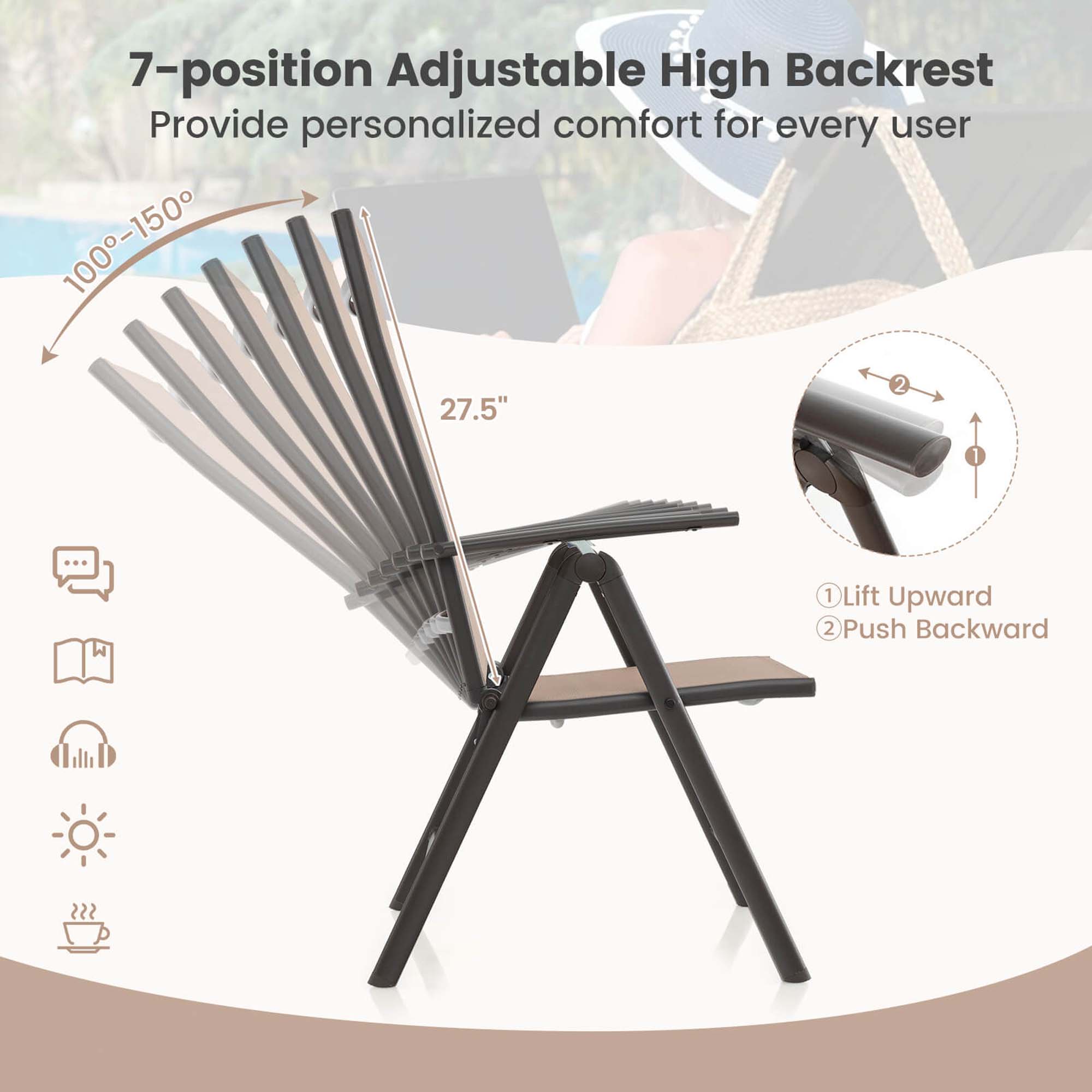 Costway 1 PCS Patio Folding Dining Chair with 7-Level Adjustable High Backrest for Garden Brown