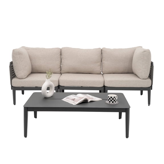 4 Pieces Aluminum Patio Furniture Set Patio Sectional Sofas, Rope Woven Outdoor Conversation Set with Coffee Table, Grey