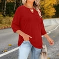 thumbnail image 6 of Lenpel Women's Plus Size Tops 3/4 Length Sleeve Crew Neck Cut out T Shirts Soft Casual Tees Loose Tunic Blouses(Red,X-Large), 6 of 7