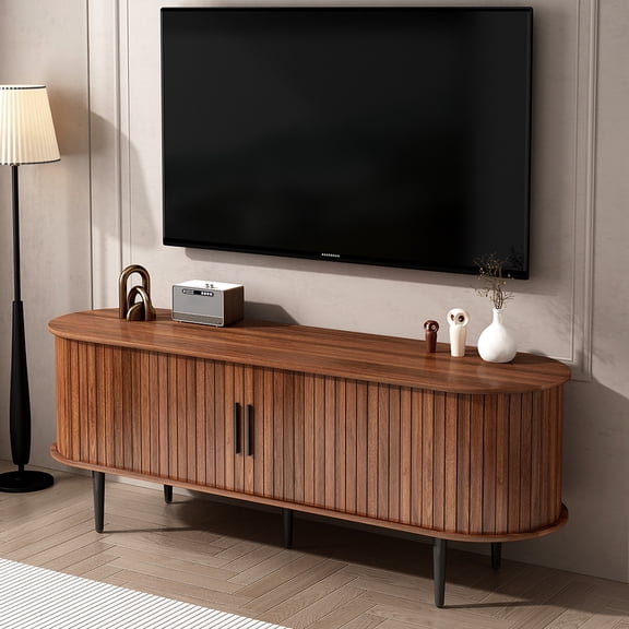 55" Mid Century Modern TV Stand, Walnut Media Console with Sliding Door & Storage Cabinet, Entertainment Center for Living Room
