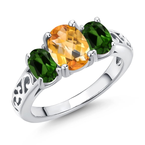 Gem Stone King 925 Sterling Silver Yellow Citrine and Green Chrome Diopside Filigree Style 3 Stone Ring for Women (2.35 Cttw, Oval 8X6MM and 6X4MM) (Size 6)