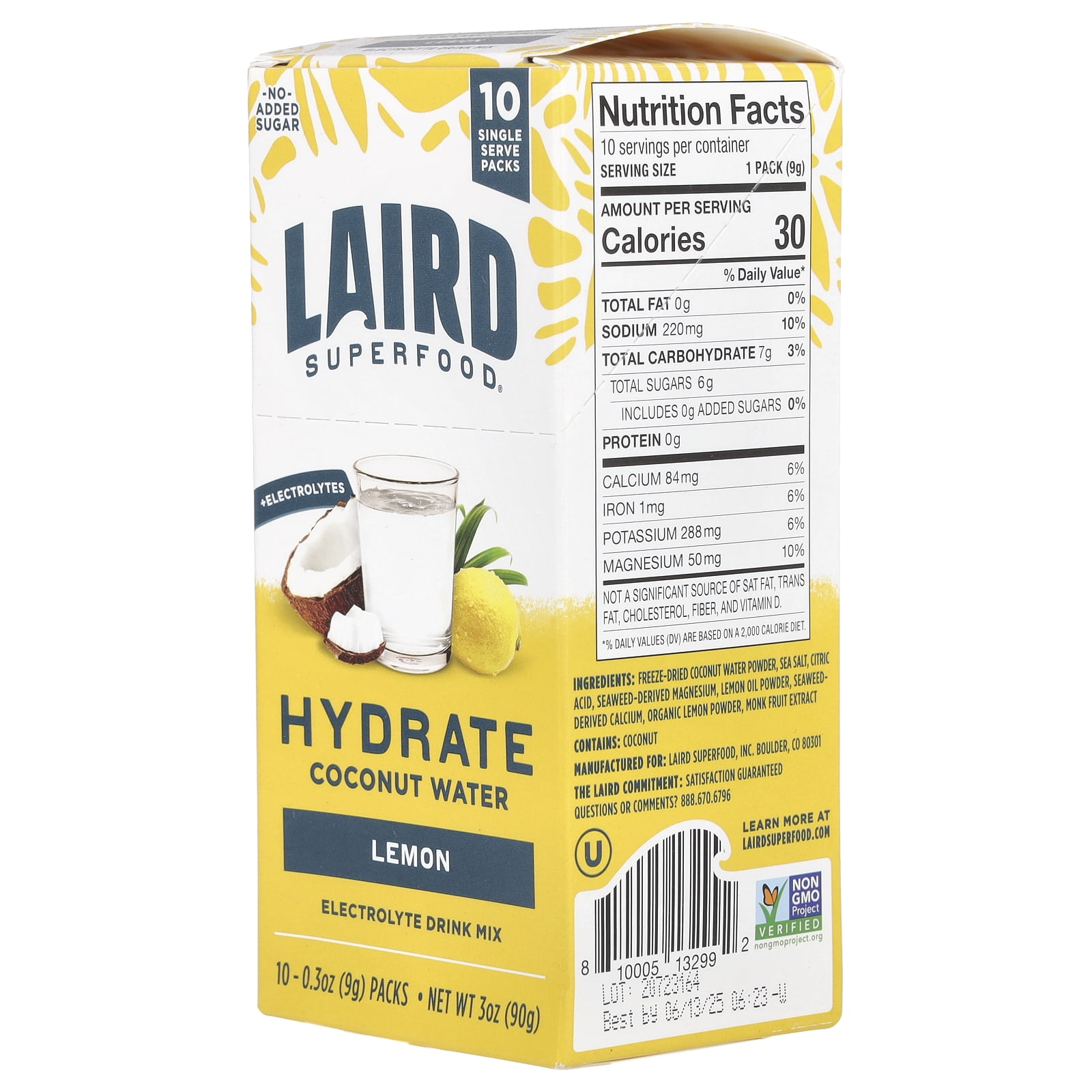Laird Superfood Hydrate Coconut Water, Electrolyte Drink Mix, Lemon, 10 Packs, 0.3 oz (9 g) Each