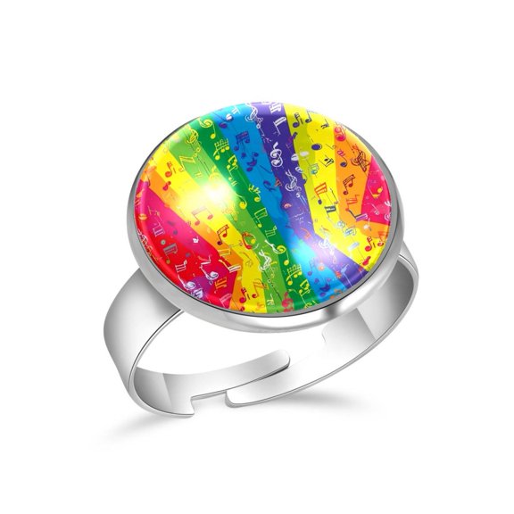 PhooArto Rainbow Background Music Notes Stainless Steel Rings for Women, Open Adjustable Ring Promise Ring Jewelry Gifts