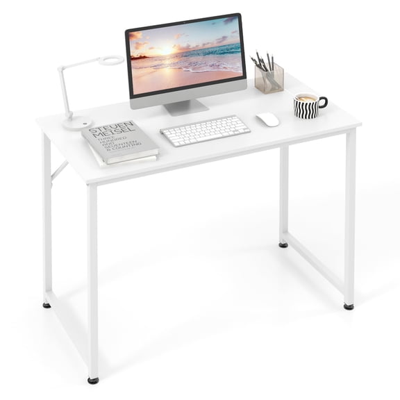 48 Inch White Computer Desk With Metal Frame, Open Shelf, Minimalist Design For Home Office Study