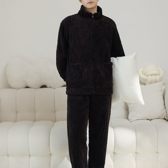 Men Pjs Pijama Set Pjs Men Men Coral Velvet Winter Lapel Thickening Warm Cardigan Pajamas Suit Set