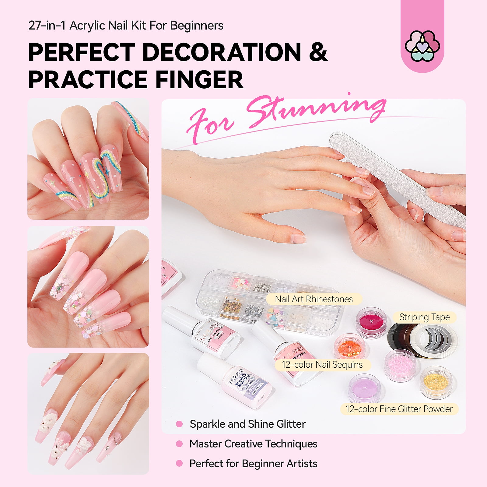 SAVILAND Complete Acrylic Nail Kit with U V Light : Acrylic Powder and Acrylic Liquid with Gel Nail Polish Nail Decoration Nail Art for Beginners
