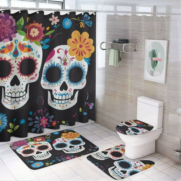 Shower Curtain Set 4 Piece include Shower Curtain and Rugs and Non Slip U Shaped Toilet Rugs Luxury Bathroom Decor Day of The Dead Dia De Los Muertos
