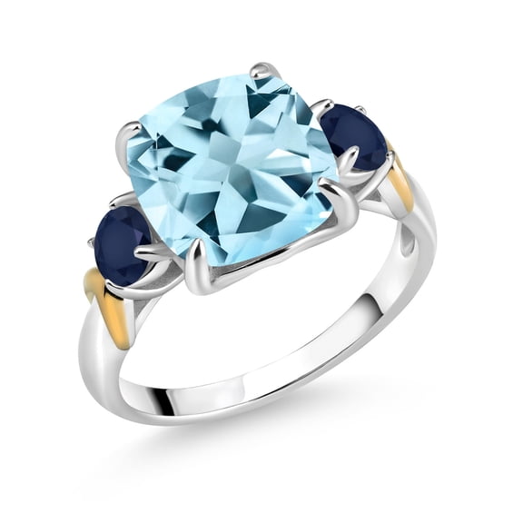Gem Stone King 925 Silver and 10K Yellow Gold Sky Blue Topaz and Blue Sapphire 3 Stone Ring for Women (4.95 Cttw, Gemstone November Birthstone, Cushion 10MM, Round 4MM, Size 6)