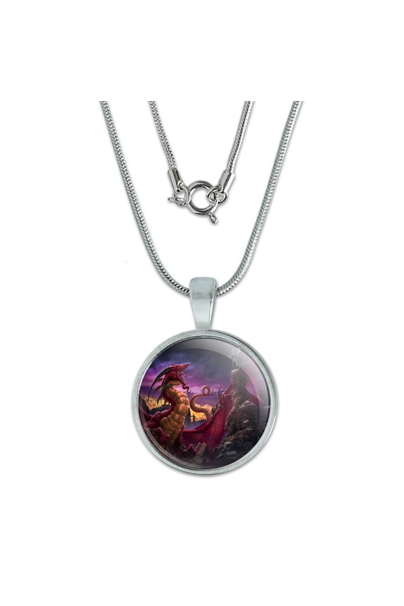 Red Purple Horned Dragon Unleashed Wizard Fantasy 0.75" Pendant with Sterling Silver Plated Chain