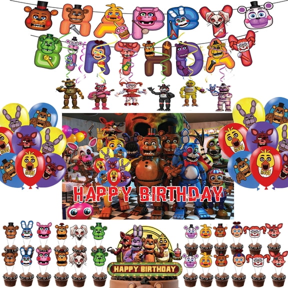 Five Nights Party Supplies Freddy's Birthday Party Decorations include Happy Birthday Banner ,Freddy's Balloons,Cake Cupcake Toppers, Freddy's Background