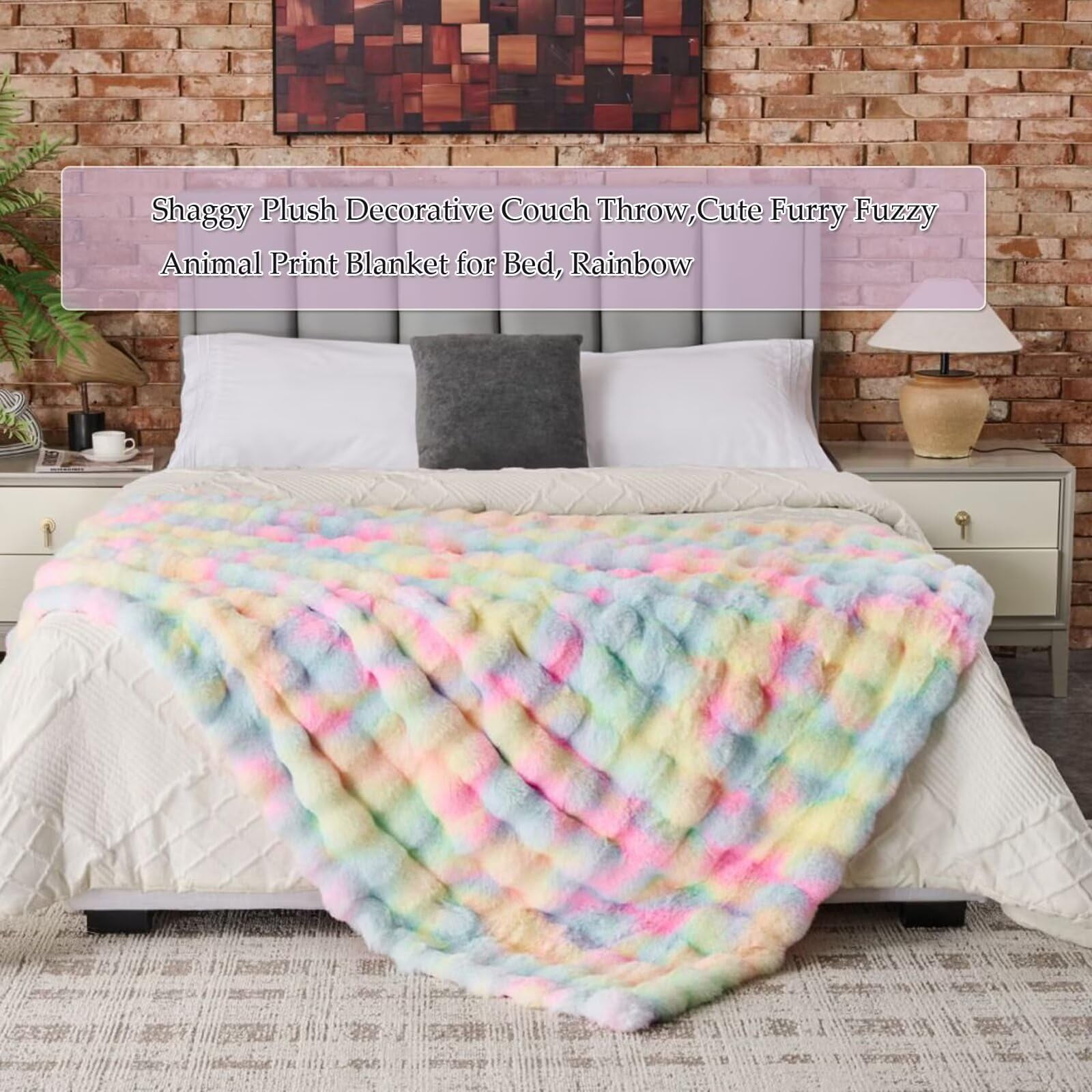 760GSM Faux Rabbit Faux Fur Throw Blanket,Super Thick Warm Bubble Blanket Throw,Fuzzy Luxury Plush Decorative Blanket for Couch Bed Sofa(Rainbow,80" x 90")