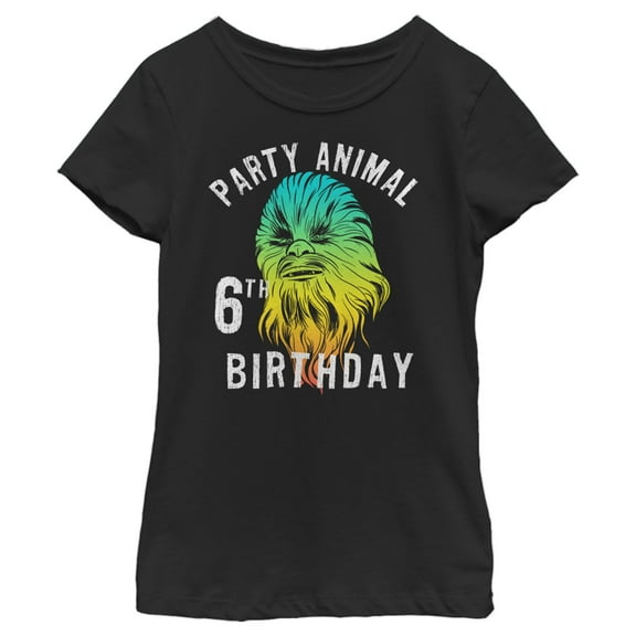 Girl's Star Wars Chewie Party Animal 6th Birthday Color Portrait Graphic Tee Black Large