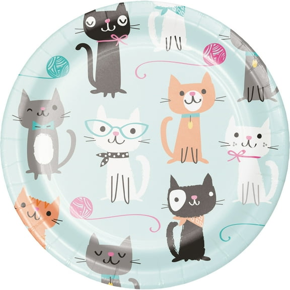 Cat Party Round Paper Dessert Plates 8 Count for 8 Guests