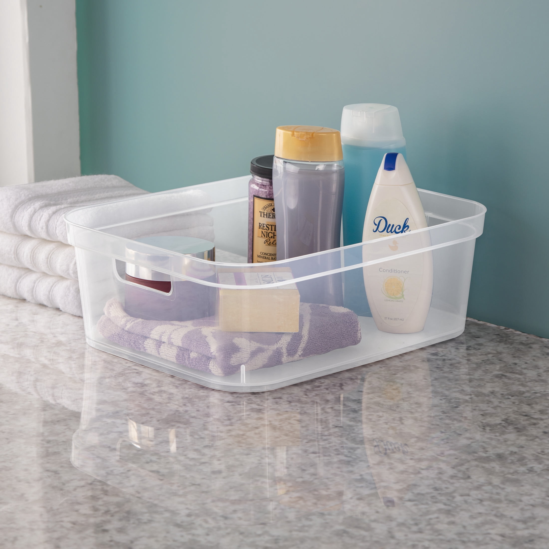 Sterilite Short Storage Bin, Clear Plastic, Easy Access Container with Carry Handles, 8 Count