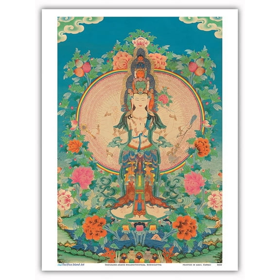 Thousand-armed Avalokiteshvara - Kuan Yin - Bodhisattva of Compassion - Vintage Tibetan Thangka Buddhist Painting - Master Art Print (Unframed) 9in x 12in