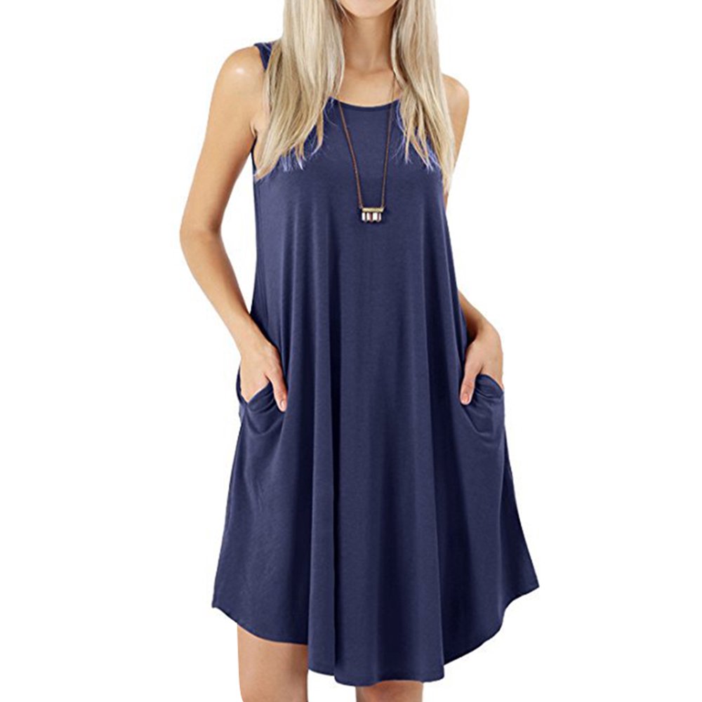 AMaVo - Avamo Women Casual Loose Plain Dresses Sleevless Midi Swing