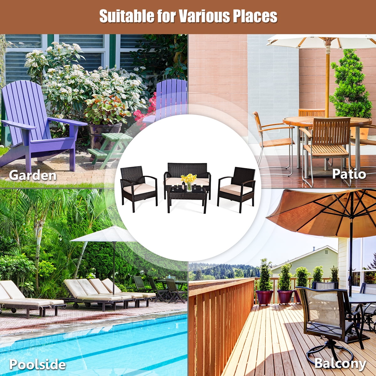 Costway 4PCS Patio Rattan Conversation Furniture Set Cushioned Seat Glass Table