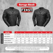 First Mfg Co - Savage Skulls - Mens Motorcycle Biker Riding Black Leather Jacket - Large - Reflective skull design on chest, shoulders, and upper back