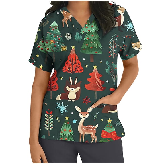 Xfvqtps Christmas Scrub Tops for Women Soft V-Neck Scrubs Comfortable Nursing Uniforms Christmas Printed Short Sleeve Top Protective Clothing Working Uniforms with Pockets Green