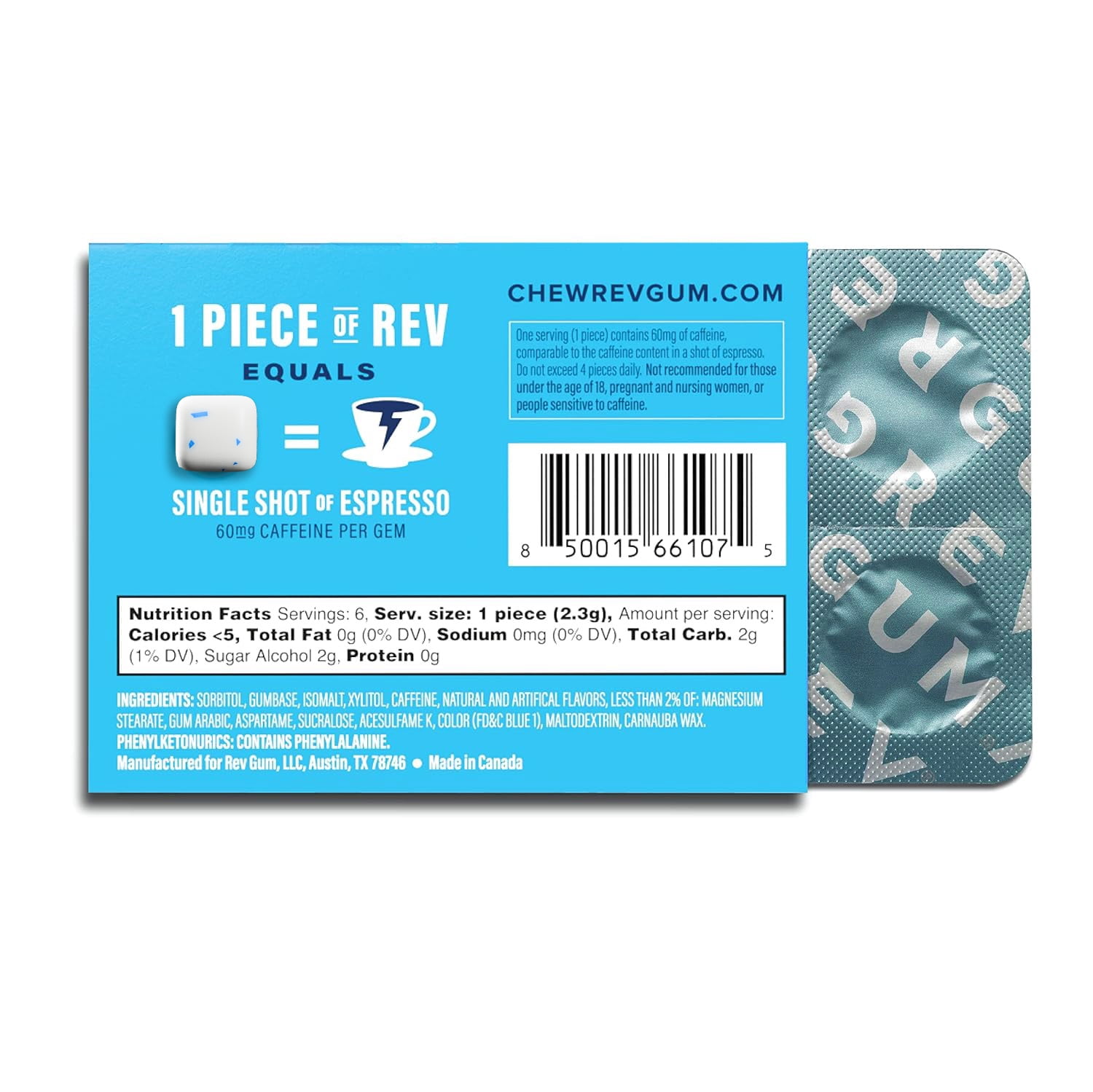 Rev Gum Sugar Free Polar Mint Energy Gum, 12 Packs (72 Count)