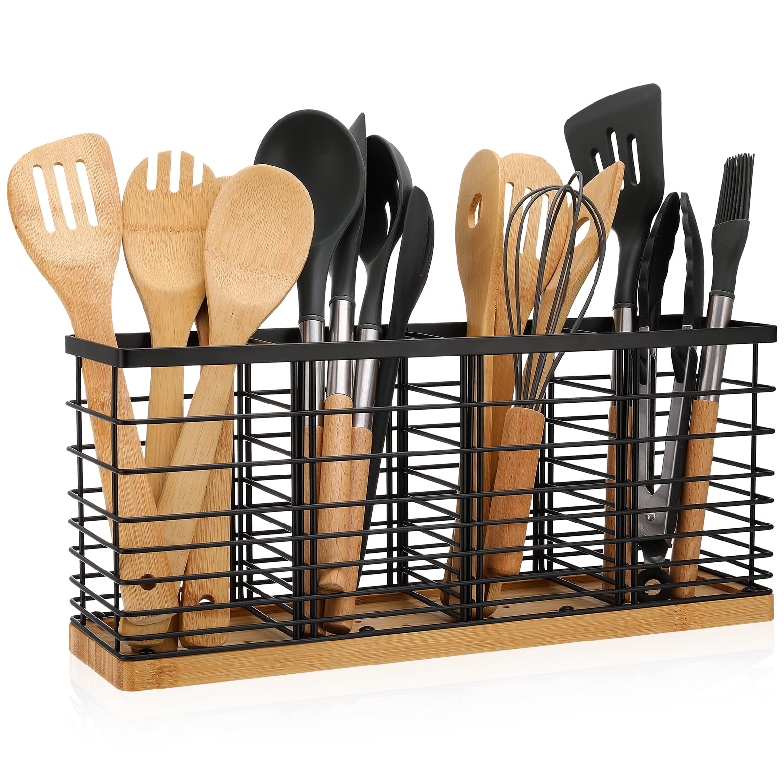 Bocaoying Utensil Holder for Kitchen Counter, Extra Large Kitchen Utensil Holder with 4 Compartments, Matte Black Metal Cooking Utensil Organizer with Wooden Base for Kitchen Countertop
